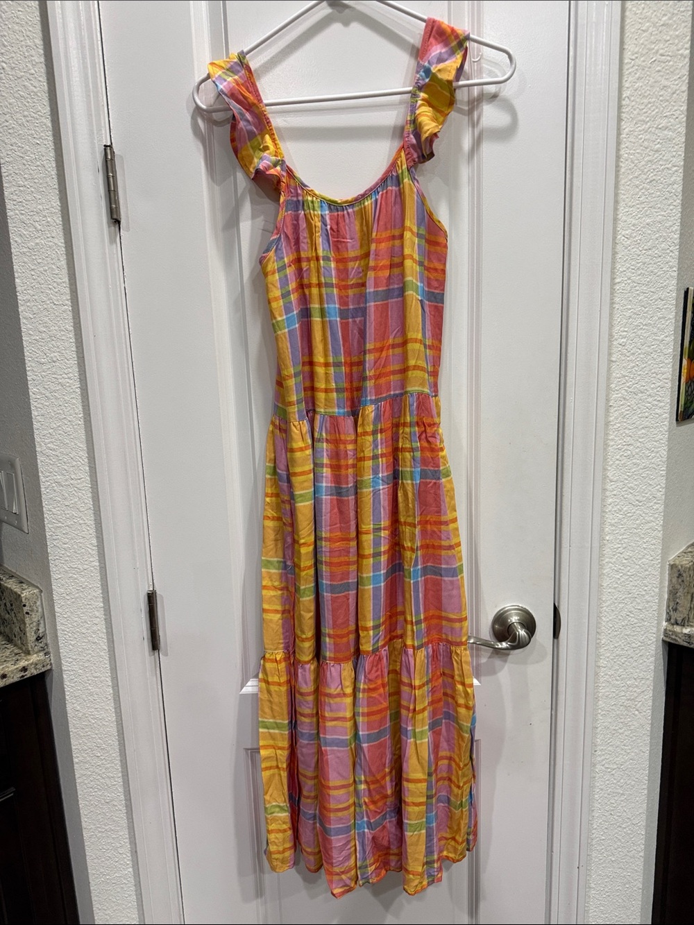 Time and Tru Yellow & Pink Plaid Ruffled Strap Midi Dress